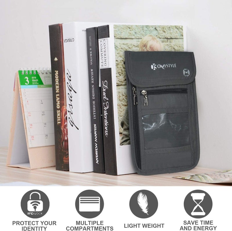 OMYSTYLE Neck Wallet, RFID Passport Holder for Travel, Adjustable Neck Strap, Waterproof Neck Pouch for Men & Women to Keep Cash, Credit Cards and Documents Safe, Dark Grey (8x6) - Image 2